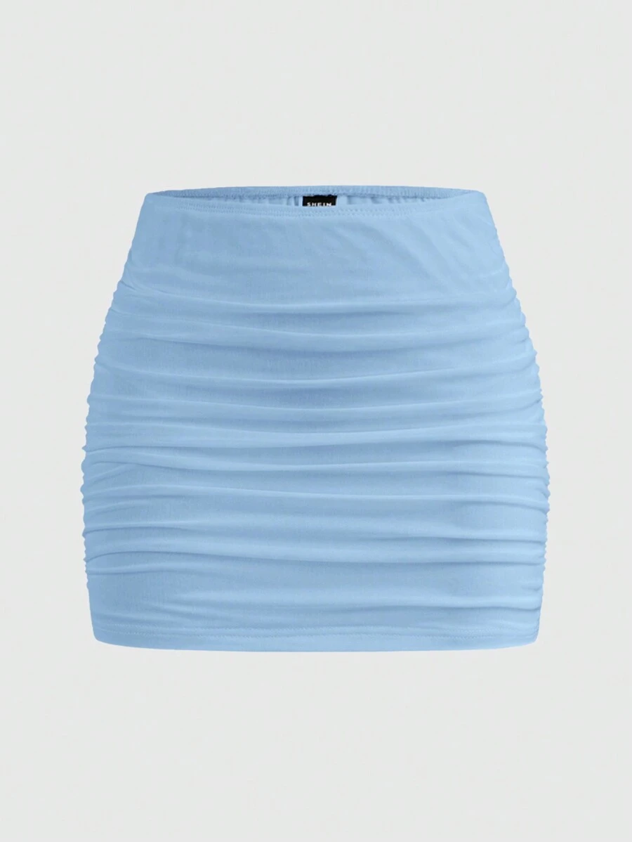 SHEIN EZwear Váy mini ôm sát hai lớp lưới màu trơn dành cho nữ - Màu xanh lam - Xem 1