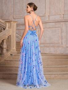 Sequin Butterfly Mesh Accent Cocktail Slip Dress For Party - Baby Blue - View 2