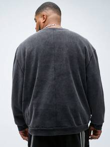 Manfinity VCAY Plus Size Men's Casual Embroidered Letter Thick-Sole Loose Drop Shoulder Crew Neck Sweatshirt, For Spring And Fall, Winter - Black - View 3