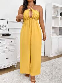SHEIN Clasi Plus Size Women's Solid Color Wide-Leg Jumpsuit With Hollow Out Cross Halter Neckline Design - Yellow - View 5