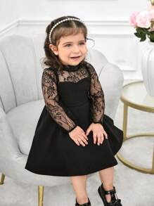Baby Girl Mommy And Me Matching Outfits, Cute & Elegant Knit Contrast Lace Mesh Long Sleeve Black Dress, Separate (2pcs)