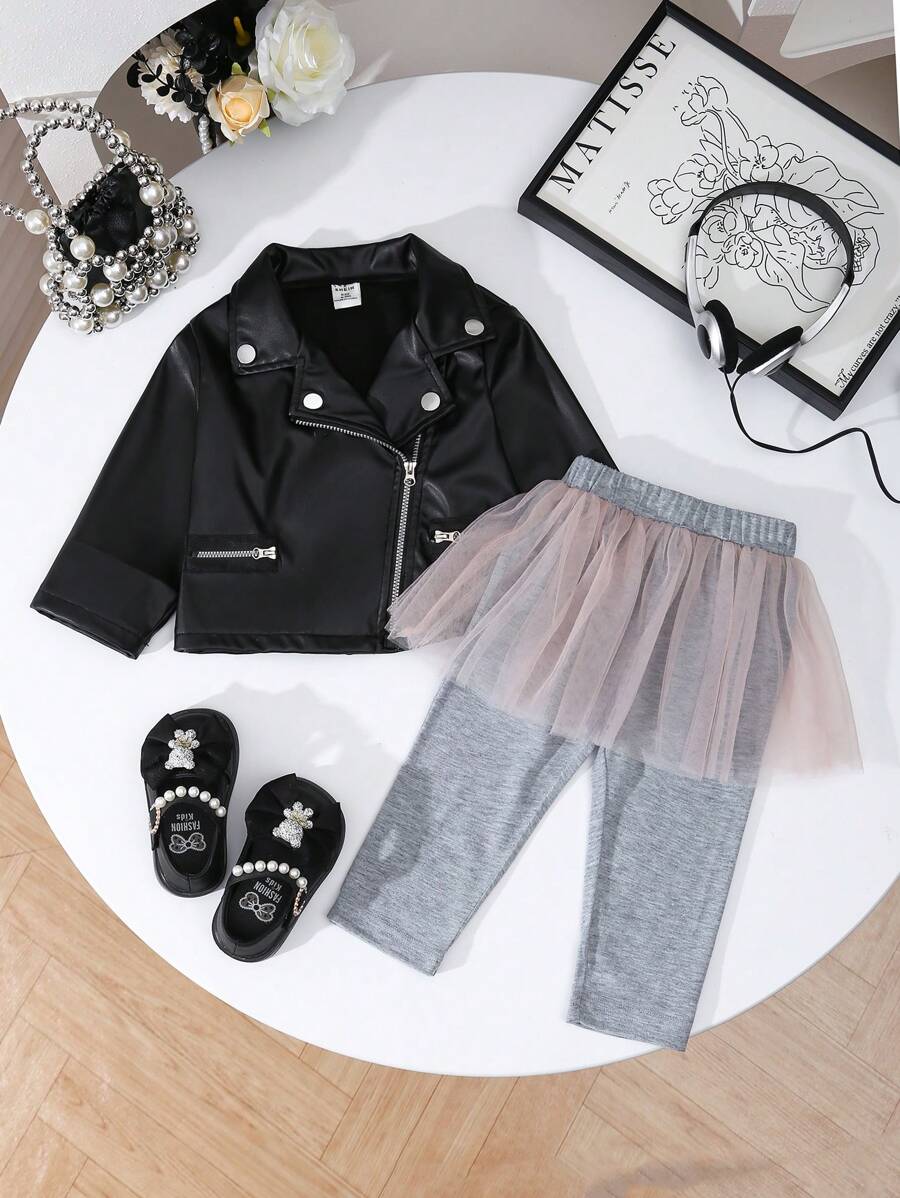2pcs Baby Girls' Fashionable Set - Leather Jacket With Large Collar & Knitted Leggings With Mesh Panel, Autumn/Winter - Multicolor - View 1