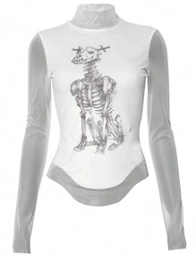 女士休闲圆领长袖骷髅印花T恤，春夏 - 白色 - 查看 6