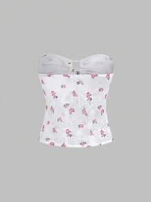 Sweetra Damski top z kwiatowym wzorem i wiązaniem z przodu na całej powierzchni - Biały - Zobacz 2