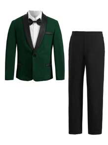 SHEIN Tween Boys' Formal Suit Set, Party Suit With Contrast Collar Suit Jacket And Dress Pants - Dark Green - View 1