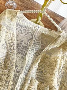 Teens Girls' High-End Custom Lace Hollow Flare Sleeve Jacket, Cover-Up For Vacation & Sunscreen - Beige - View 5