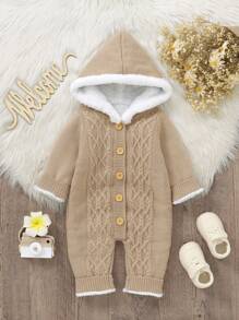 SHEIN Vintaside Kids 男婴卡其色连身衣，带连帽衫和保暖衬里，温暖舒适，适合户外活动 - 卡其色 - 查看 5
