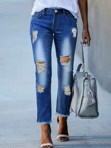 Women's Stretchy Faded Distressed Denim Jeans - Medium Wash - View 1