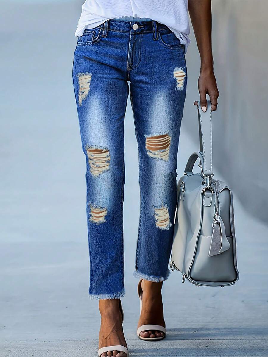 Women's Stretchy Faded Distressed Denim Jeans - Medium Wash - View 1