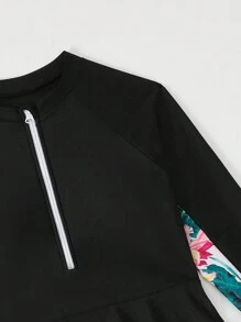 SHEIN 少女印花拼布前拉链比基尼上衣和泳裤套装 - 黑色 - 查看 3