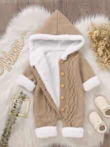 SHEIN Vintaside Kids 男婴卡其色连身衣，带连帽衫和保暖衬里，温暖舒适，适合户外活动 - 卡其色 - 查看 1