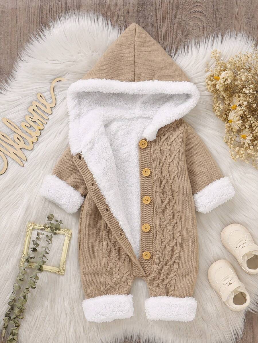 SHEIN Vintaside Kids 男婴卡其色连身衣,带连帽衫和保暖衬里,温暖舒适,适合户外活动 - 卡其色 - 查看 1