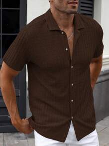 Manfinity Homme Men Solid Color Single-Breasted Casual Short Sleeve Shirt (Random Print) - Brown - View 6