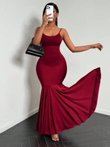 Zolique 女士纯色褶皱鱼尾正式晚礼服酒红色长款女士服装 - 酒紅色 - 查看 1