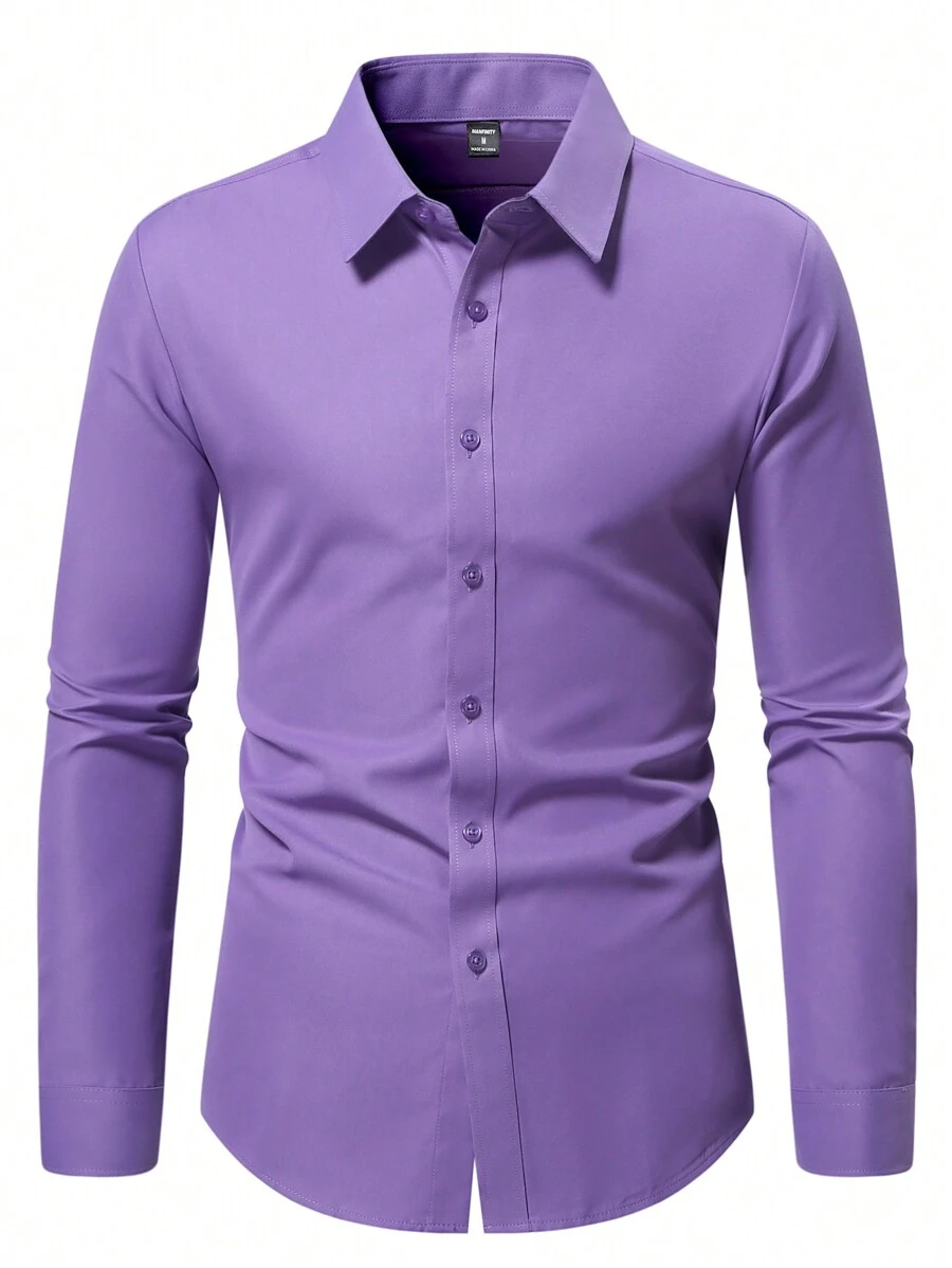 Manfinity Mode Men's Plain Button-Up Long Sleeve Formal Shirt, Simple And Mature Style, Lavender Dress Shirt Men, Men's Purple Button-Down Shirt, Fall - Purple - View 1