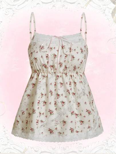 Kawaii Ditsy Blume Muster Kontrast Spitze Babydoll Träger Top, Schule