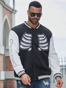 Manfinity LEGND Men's Casual Striped Print Baseball Collar Long Sleeve Bomber Jacket, Campus Style