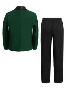 SHEIN Tween Boys' Formal Suit Set, Party Suit With Contrast Collar Suit Jacket And Dress Pants - Dark Green - View 2