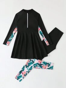 SHEIN 少女印花拼布前拉链比基尼上衣和泳裤套装 - 黑色 - 查看 5