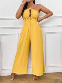 SHEIN Clasi Plus Size Women's Solid Color Wide-Leg Jumpsuit With Hollow Out Cross Halter Neckline Design - Yellow - View 4