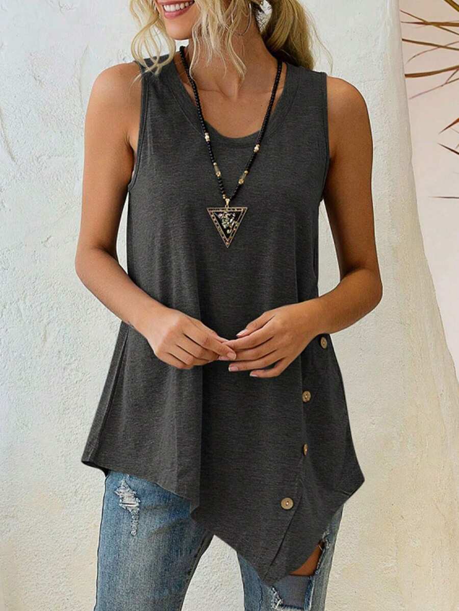 SHEIN LUNE ملابس علوية كاجوال بدون أكمام مزينة بأزرار، صيفية - رمادي - مشاهدة 1