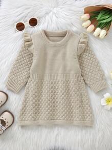 1pc Infant Girls' Ruffled Long Sleeve Sweater Dress, Simple Pullover Knitting Jumper Dress For Baby Outfits