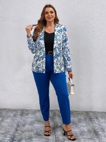 SHEIN Clasi Plus Size Printed Suit Jacket And Solid Color Trousers, Casual Two-Piece Set - Blue and White - View 4