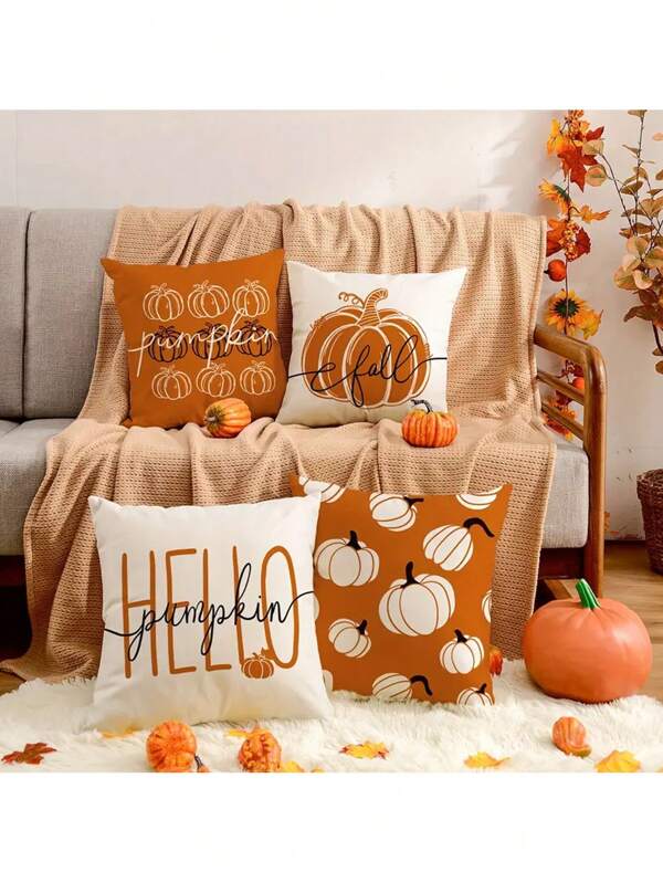 4 Stücke Kissenbezüge für den Herbst, 18 X 18 Zoll, Hallo Kürbis Zierkissenbezug, Herbst Orange Weiß Kürbis Kissenhülle für Thanksgiving Ernte Bauernhaus Heim Couch Sofa Auto Dekoration, ohne Kissenkern