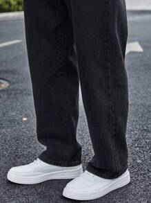 Manfinity Homme 大码男士休闲宽松直筒口袋牛仔长裤，街头服饰，纯色长款黑色深色洗水牛仔裤，洗水工装牛仔裤，适合送给老公、男朋友的礼物 - 黑色 - 查看 6