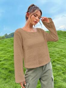 Muchica 女士宽松圆领长袖休闲卡其色针织 T 恤 - 卡其色 - 查看 6