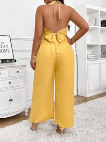 SHEIN Clasi Plus Size Women's Solid Color Wide-Leg Jumpsuit With Hollow Out Cross Halter Neckline Design - Yellow - View 2
