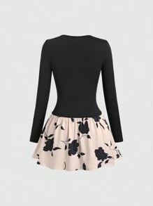 Flirla Robe élégante pour femme à col carré, manches longues, avec imprimé floral et bloc de couleurs à l'ourlet