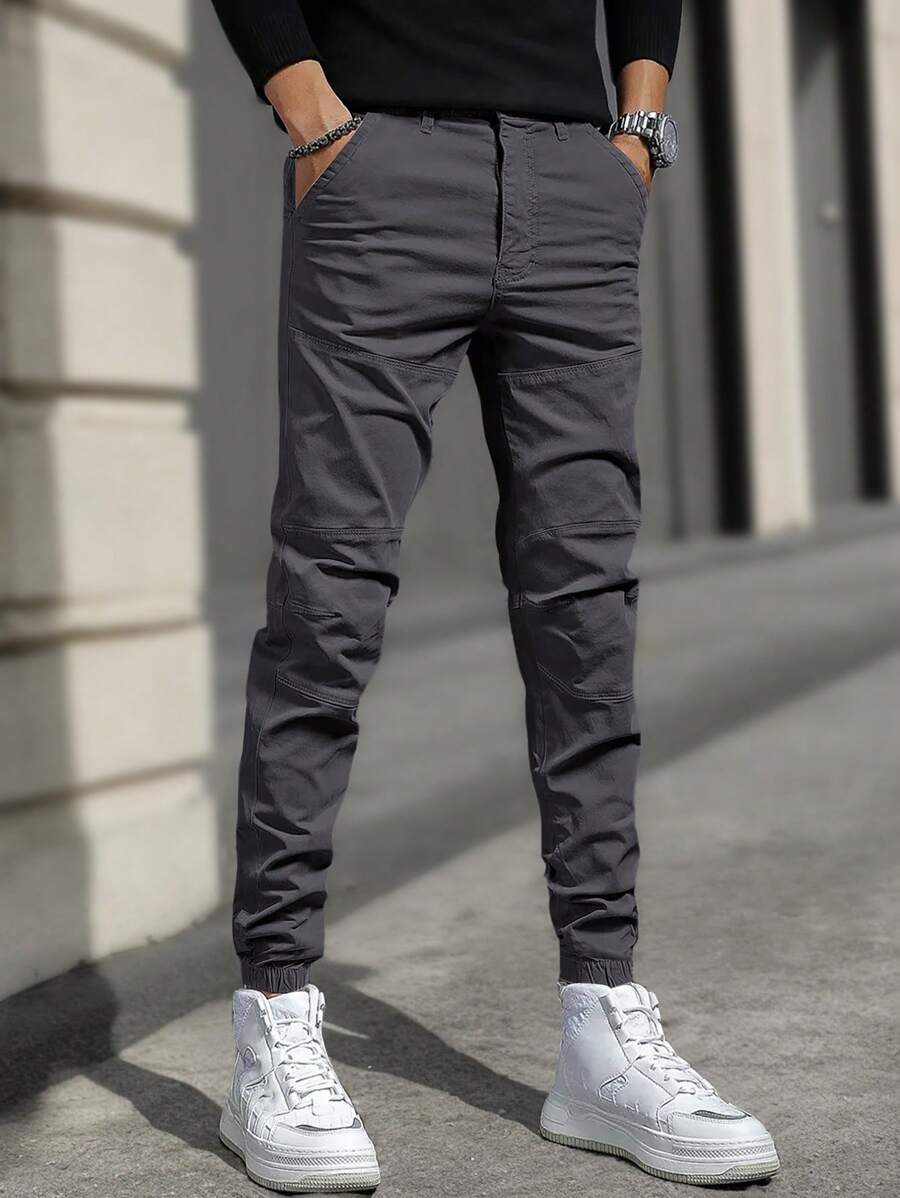 Manfinity Homme Hombres Pantalones unicolor con bolsillo oblicuo - Gris Oscuro - Ver 1