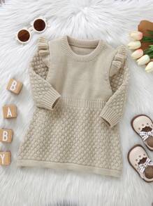 1pc Infant Girls' Ruffled Long Sleeve Sweater Dress, Simple Pullover Knitting Jumper Dress For Baby Outfits