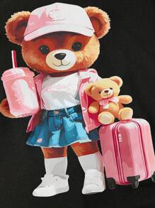 2 peças jaqueta de beisebol com estampa de urso para meninas adolescentes e minivestido com estampa de urso roupa fofa