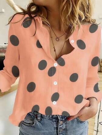 女士时尚波尔卡圆点印花长袖翻领宽松亲肤衬衫休闲装，长袖上衣