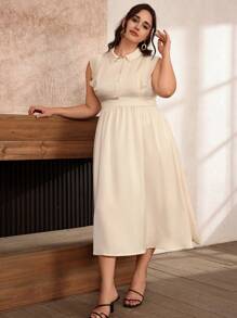 Aveloria Rosie Plus Size Fashionable Solid Color Collar Sleeveless Ruffle Hem Bodycon Dress - Apricot - View 5