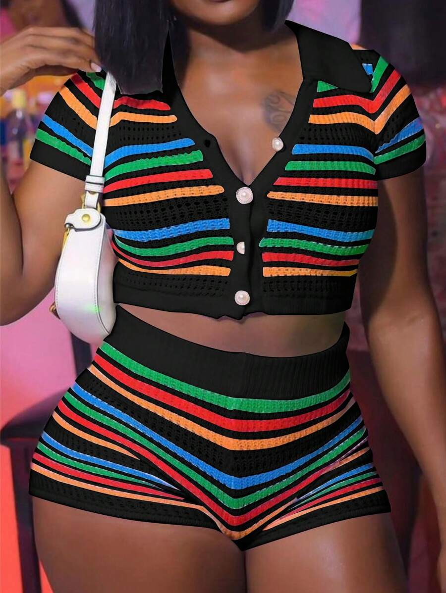 Apperloth A Y2K Rainbow Stripe Colorblock Hollow Out Turnover Collar Button Front Short Sleeve Crochet Knit Crop Tee Top & Shorts, Spring And Summer Two-Piece Set Music Festival - Black - View 1