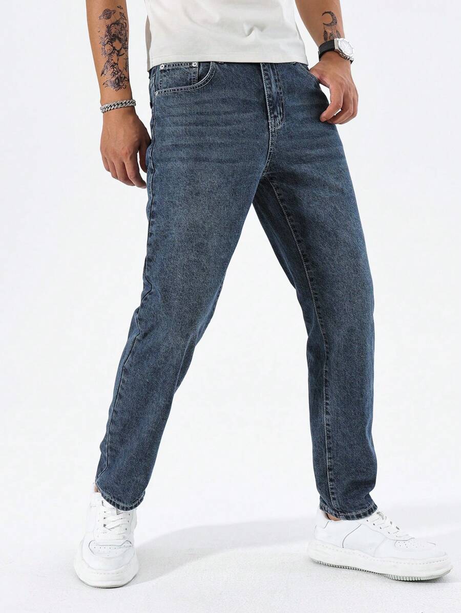 Manfinity Homme Jeans casuales ajustados de unicolor con bolsillos para hombres - Azul - Ver 1