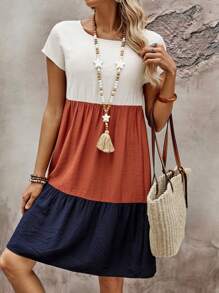 EMERY ROSE Plus Size Round Neck Short Sleeve Elegant And Gentle Splicing Contrast Color A-Line Dress With Flared Hem