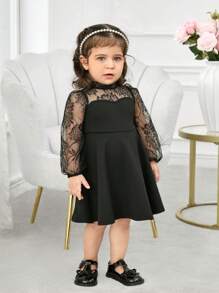 Baby Girl Mommy And Me Matching Outfits, Cute & Elegant Knit Contrast Lace Mesh Long Sleeve Black Dress, Separate (2pcs)