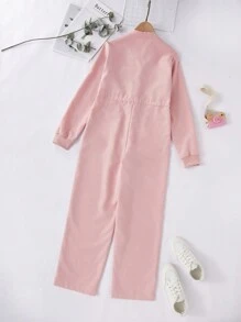 Teen Girl's Pink Long Sleeve Drawstring Jumpsuit, Autumn/Winter - Pink - View 2