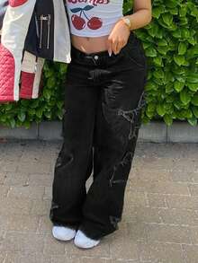 Damen Y2K Streetwear Jeans gerade geschnitten mit Sternenmuster, ausgefranster Saumkante