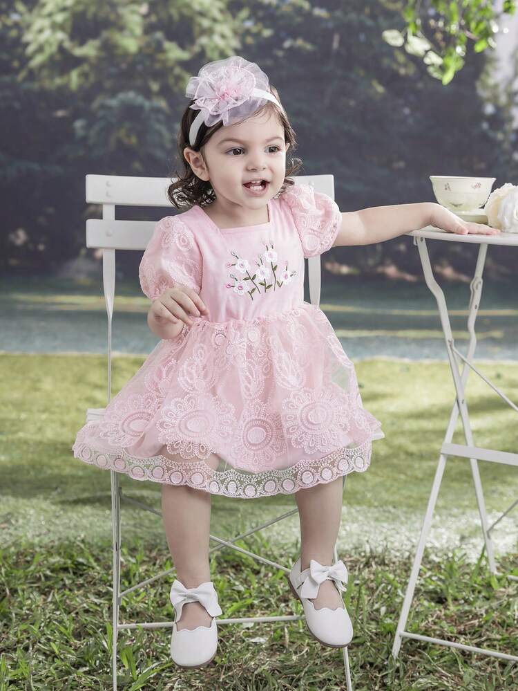 Baby Girls' Summer Short Sleeve Net Yarn Lace Embroidered Dress With  Elegant Princess Headband 2pcs Set