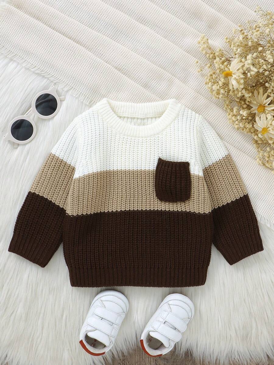 Baby Boy 1pc Multi-Color Casual Long Sleeve Pullover Sweater With Small Pocket, Basic Layering Top - Coffee Brown - View 1