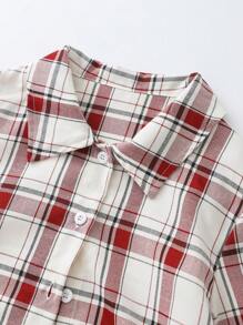 2 piezas, camisa de manga larga a cuadros y falda vaquera suelta de cintura para niñas preadolescentes - Rojo y blanco - Ver 7