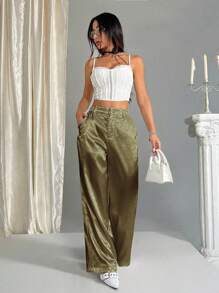 SHEIN Unity Quần dài đơn giản hàng ngày cho nữ màu trơn - xanh quân đội - Xem 6