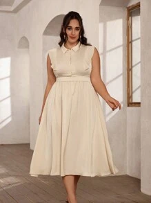 Aveloria Rosie Plus Size Fashionable Solid Color Collar Sleeveless Ruffle Hem Bodycon Dress - Apricot - View 4