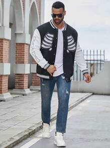 Manfinity LEGND Men's Casual Striped Print Baseball Collar Long Sleeve Bomber Jacket, Campus Style