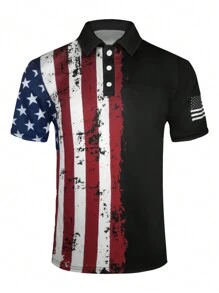 Genlund Men's Button-Up Star Striped National Flag Print Short Sleeve Slim Fit Casual Polo Shirt - Multicolor - View 3